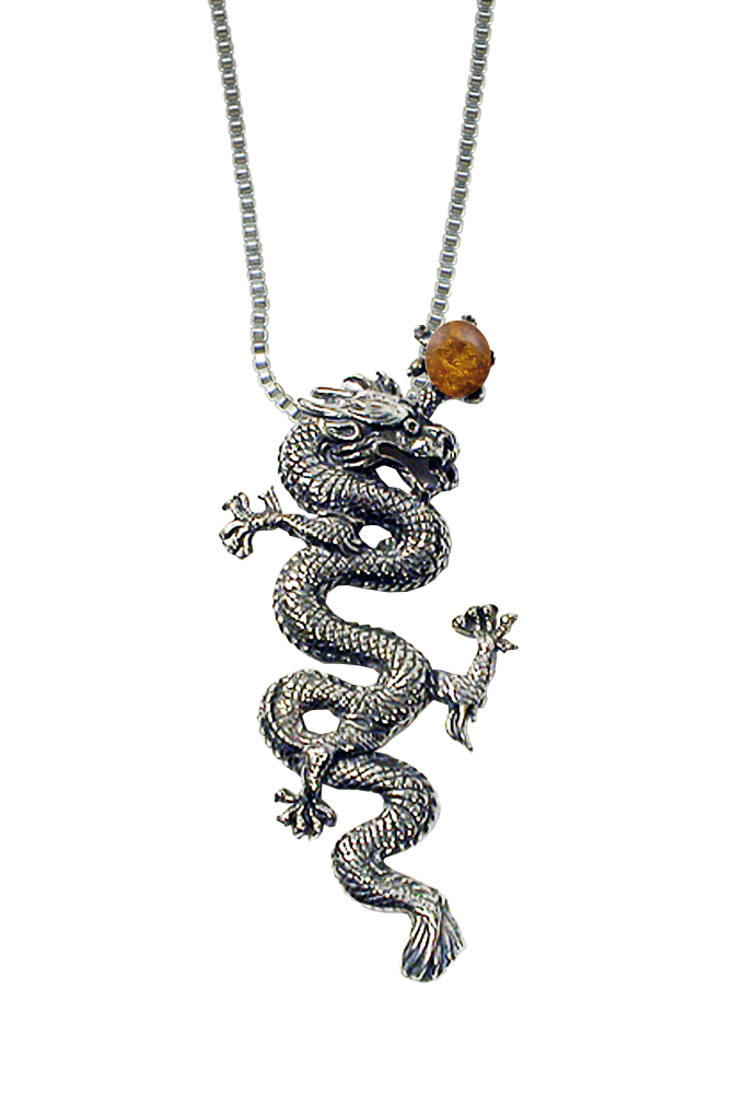 Sterling Silver Dragon of the Ages Pendant With Amber